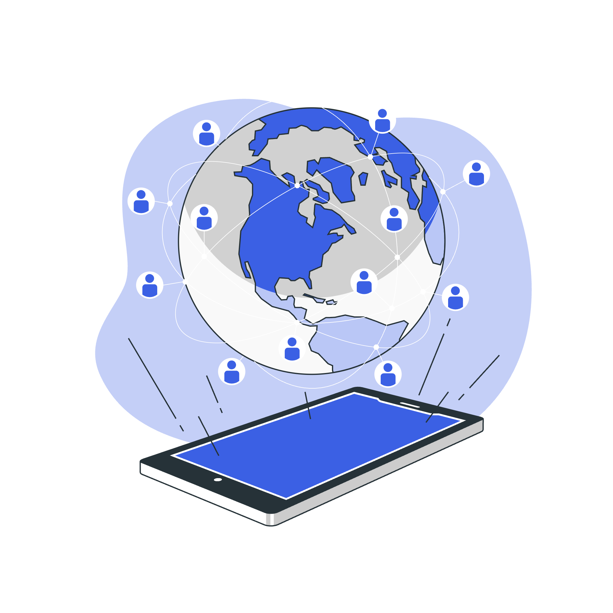 Globe with various people icons and dotted lines connecting them signifying connecting with people all around the world